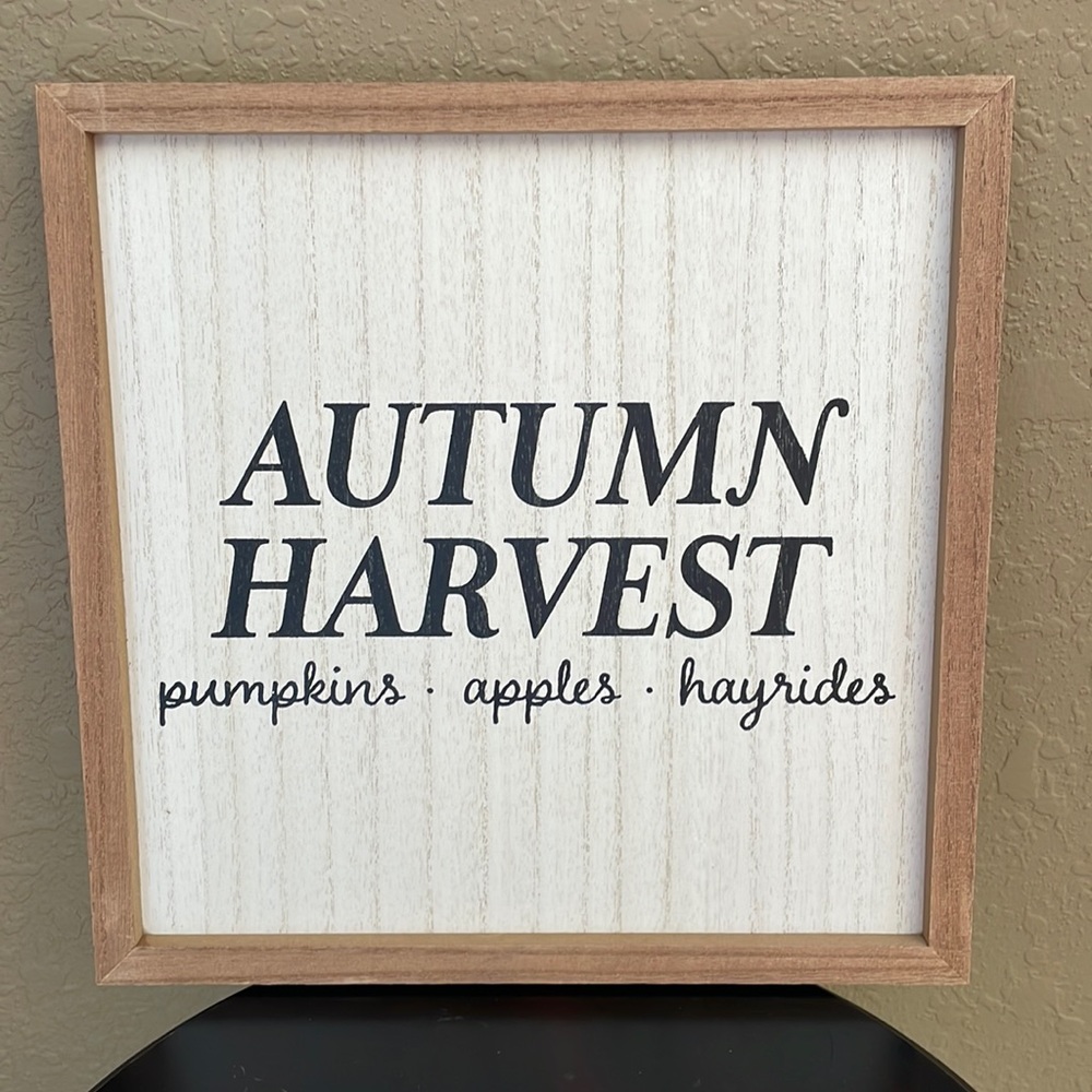 Target BP Fall White Wooden Sign with Autumn Harvest written in black